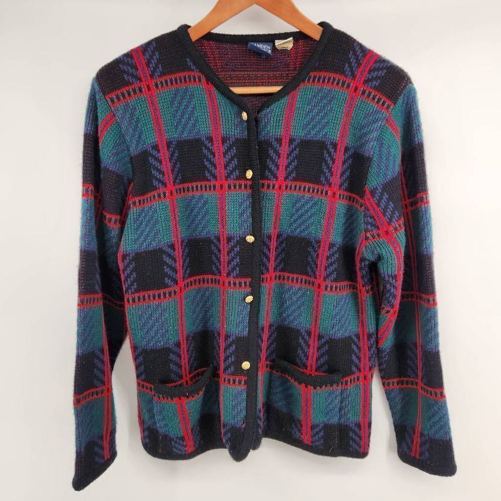 Vintage Camden Classics Cardigan Women's Small Green & Red Plaid Preppy Gold But